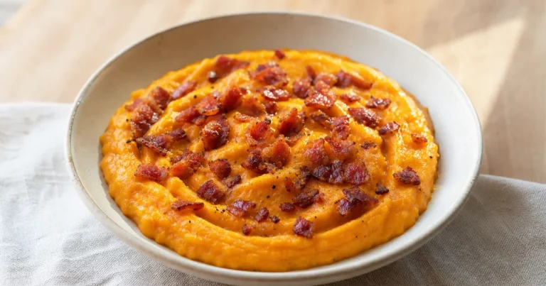 Purée de patates douces à la vanille, crumble de bacon croustillant maison, le plat servi à table