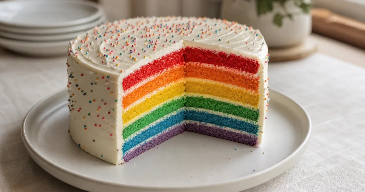 Rainbow Cake maison, le plat servi à table