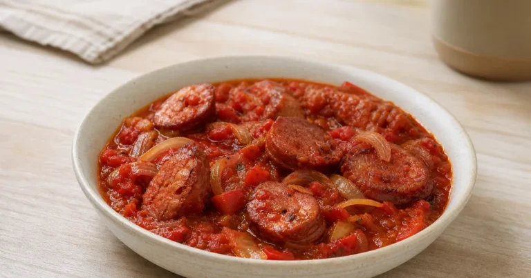 Rougaille Saucisse Mauricienne maison, le plat servi à table