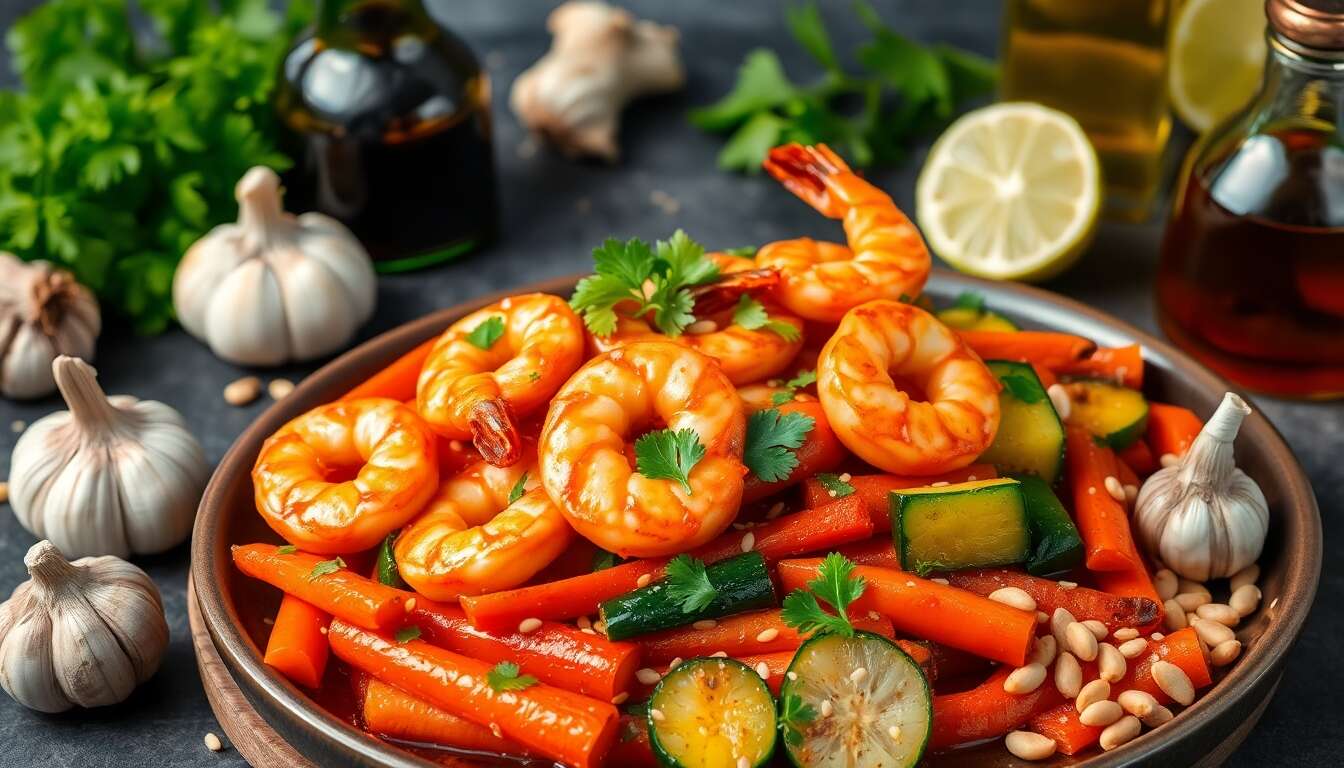 Wok de crevettes caramélisées aux légumes de saison : recette gourmande