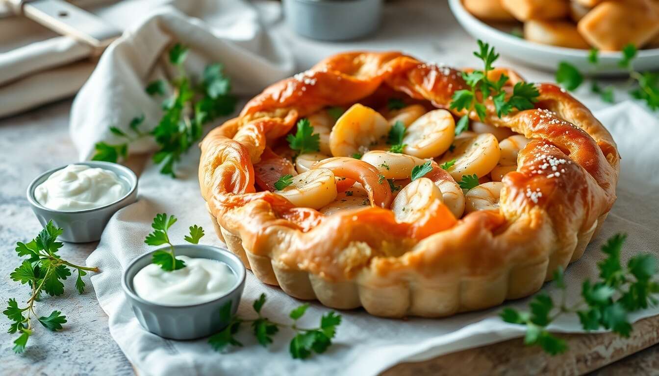 Tourte de Noël : recette aux crustacés, saumon et cresson
