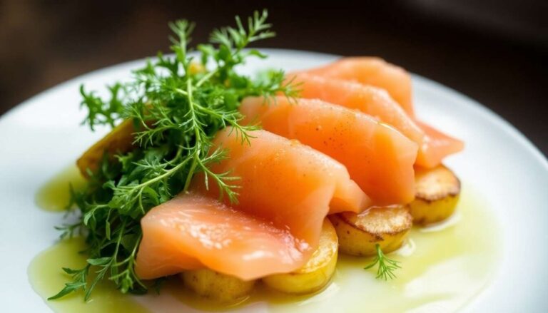 Gravlax de saumon, pommes de terre et roquette par Alain Ducasse