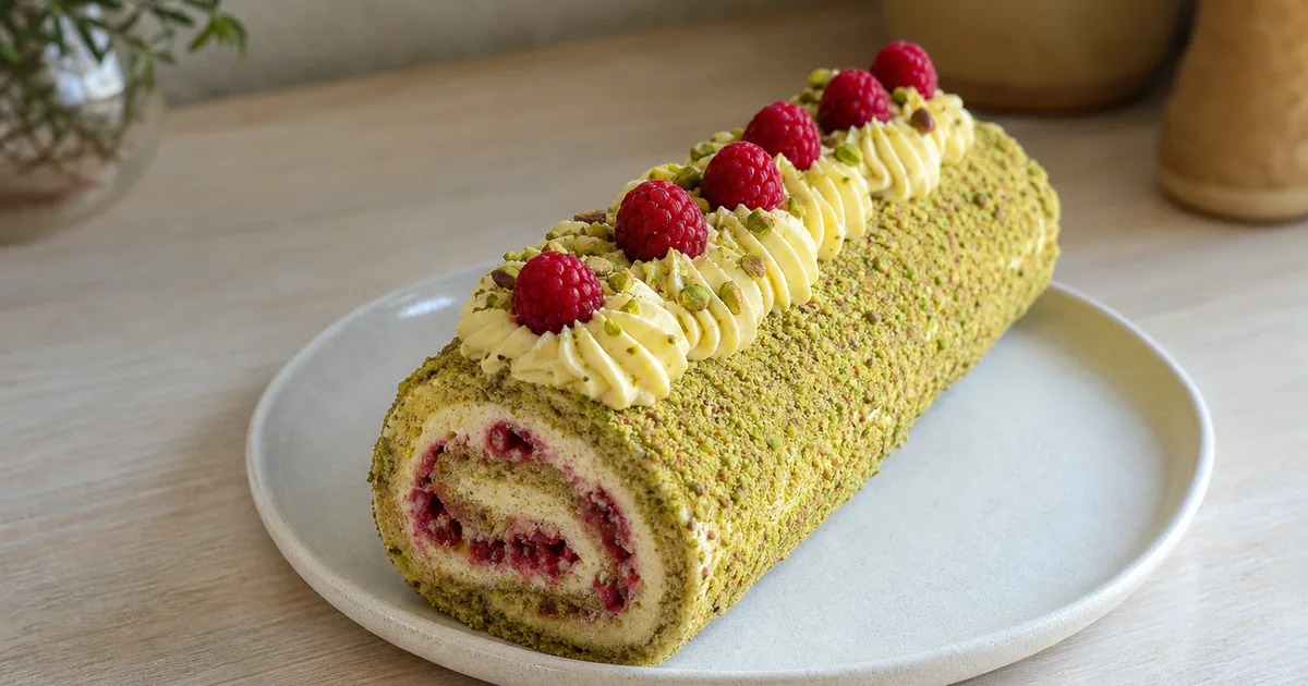 Bûche de Noël aux framboises et pistaches : recette festive et gourmande 1 Bûche de Noël aux framboises et pistaches maison, le plat servi à table