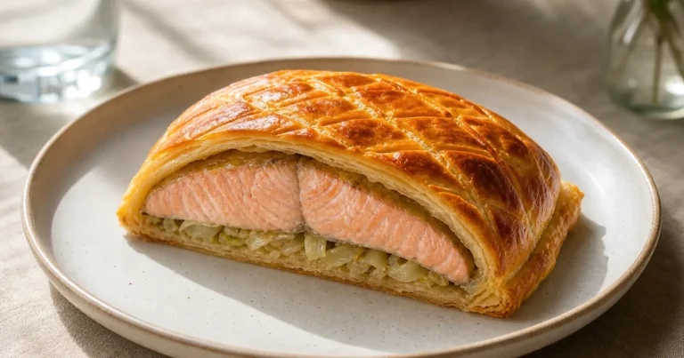 Feuilleté de saumon par Laurent Mariotte maison, le plat servi à table