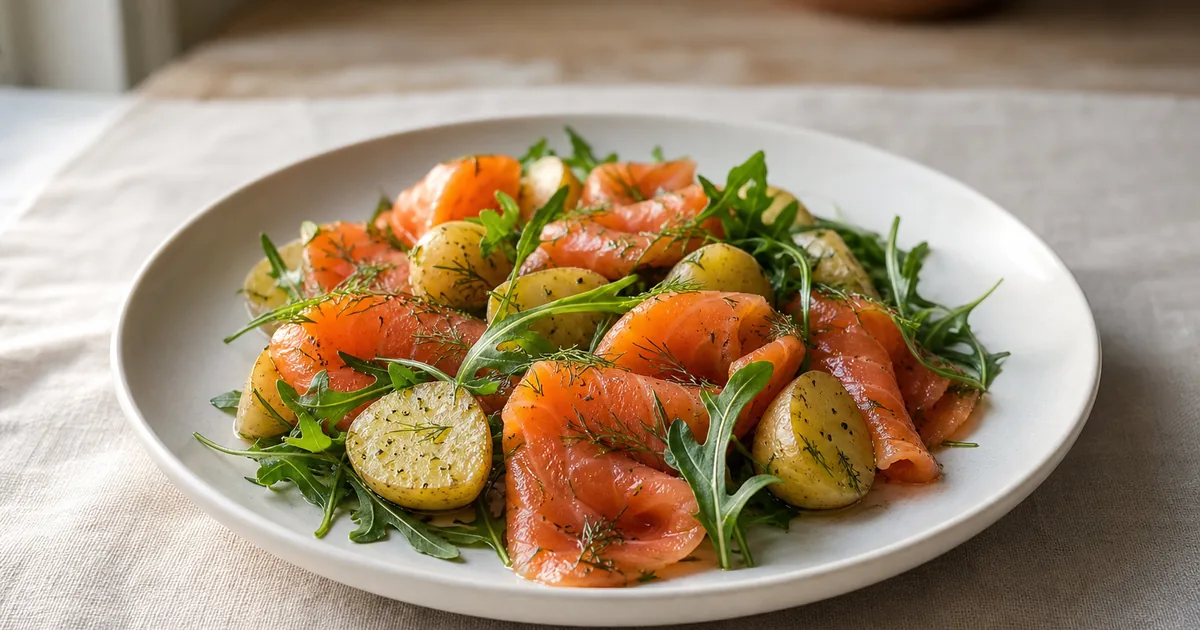Gravlax de saumon, pommes de terre et roquette par Alain Ducasse 1 Gravlax de saumon, pommes de terre et roquette par Alain Ducasse maison, le plat servi à table