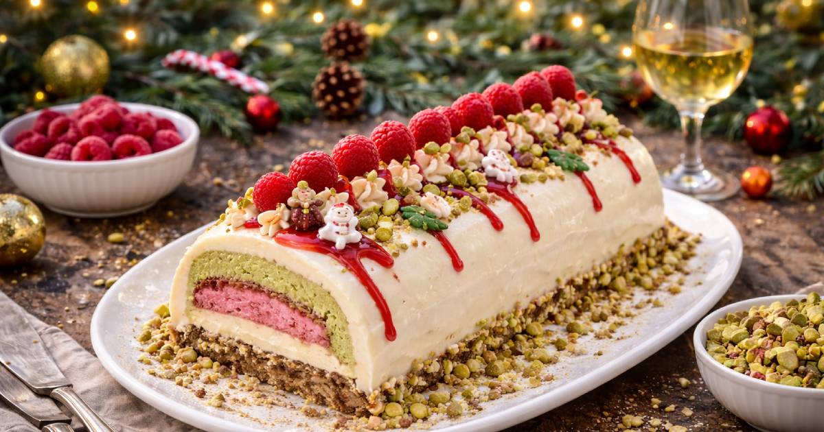 Bûche de Noël aux framboises et pistaches : recette festive et gourmande