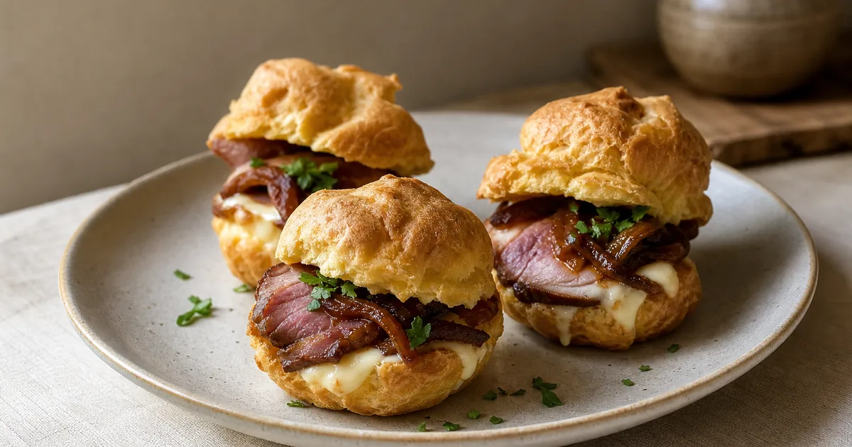 choux au Comté, magret de Canard et Oignon maison, le plat servi à table
