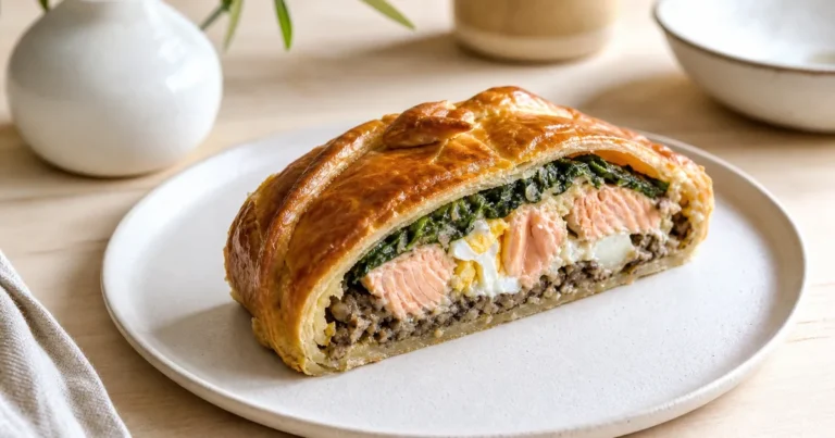 koulibiac par Cyril Lignac maison, le plat servi à table