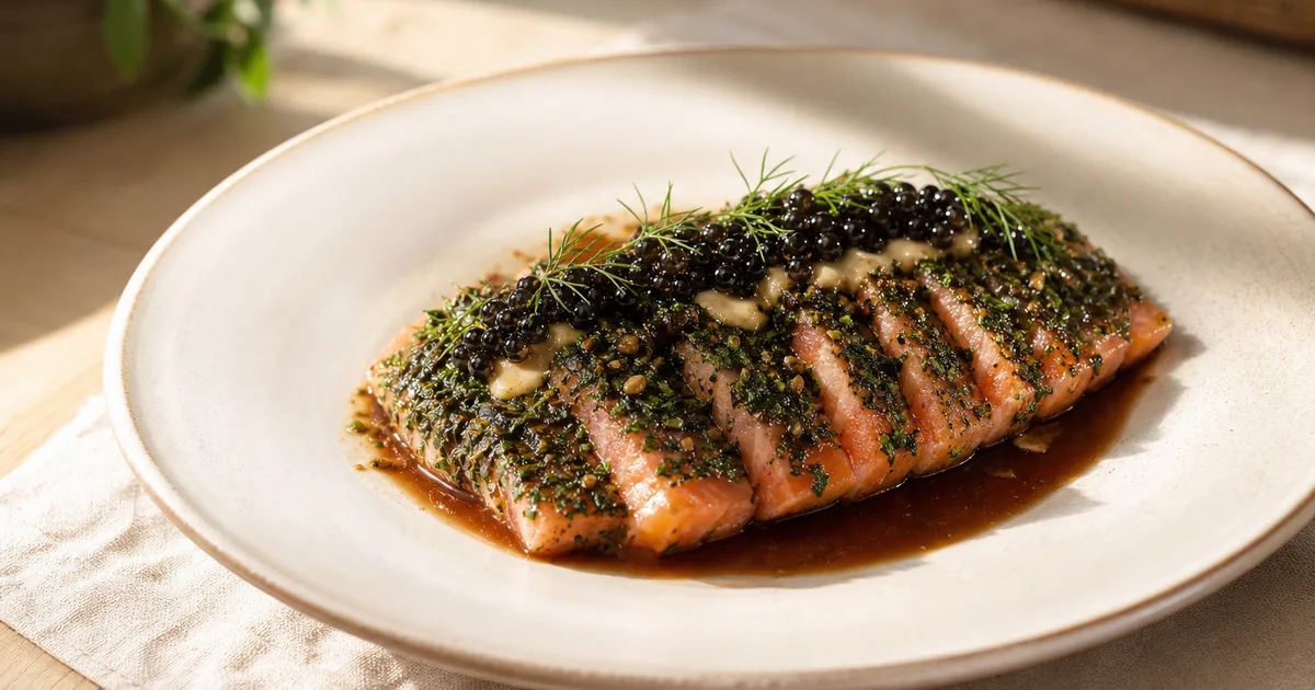 Recette Tataki de saumon fumé, croûte aux herbes et caviar 1 Tataki de saumon fumé, croûte aux herbes et caviar maison, le plat servi à table