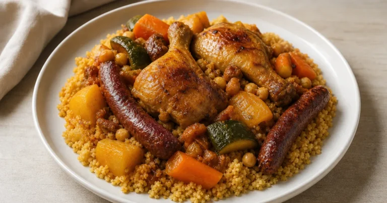 Couscous au poulet et merguez maison, un plat principal servi à table