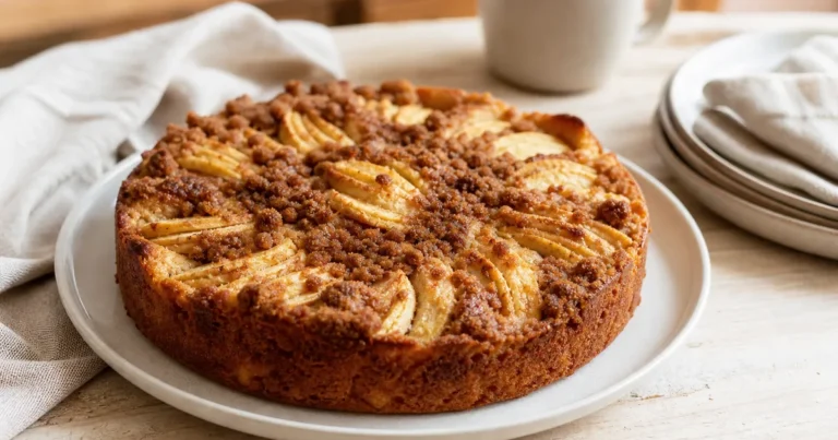 Gâteau moelleux aux pommes et speculoos maison, un dessert servi à table
