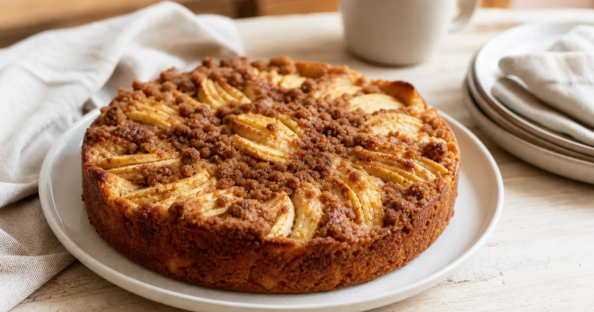 Gâteau moelleux aux pommes et speculoos : recette facile 1 Gâteau moelleux aux pommes et speculoos maison, un dessert servi à table