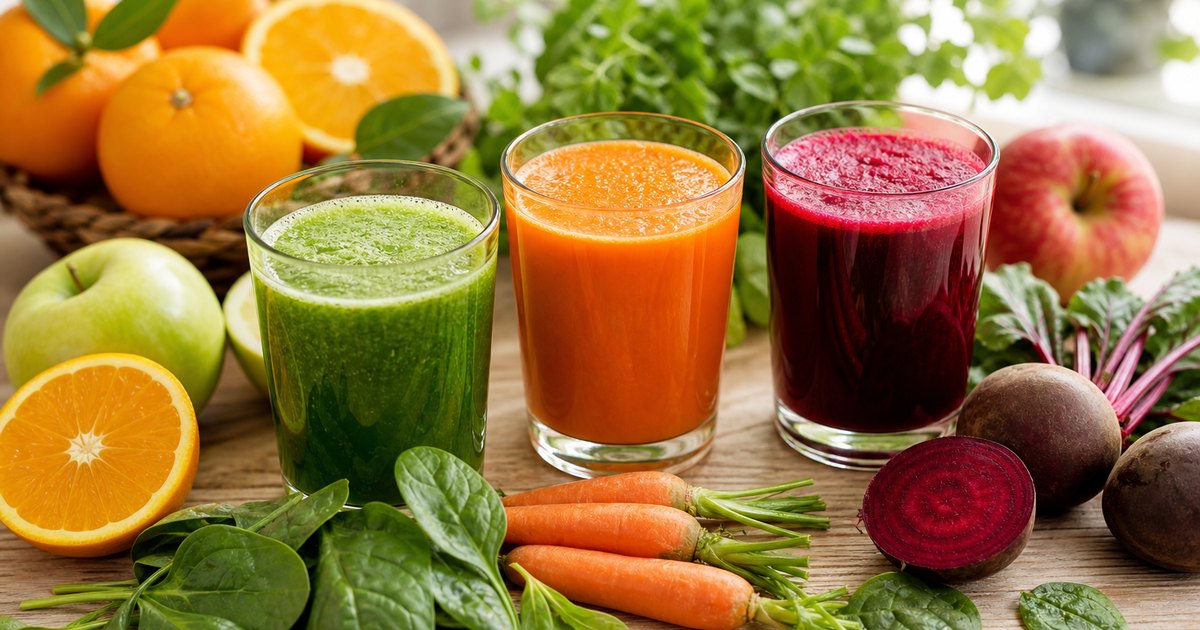 Trois verres de jus maison verts, orange et rouge entourés de fruits et légumes frais