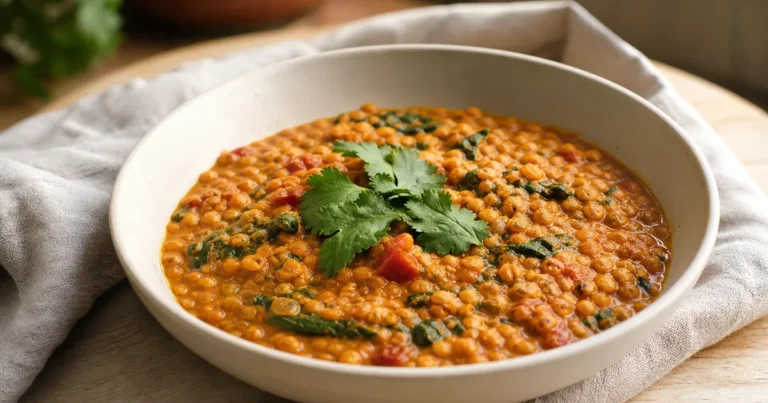 Lentilles corail au curry maison, un plat principal servi à table