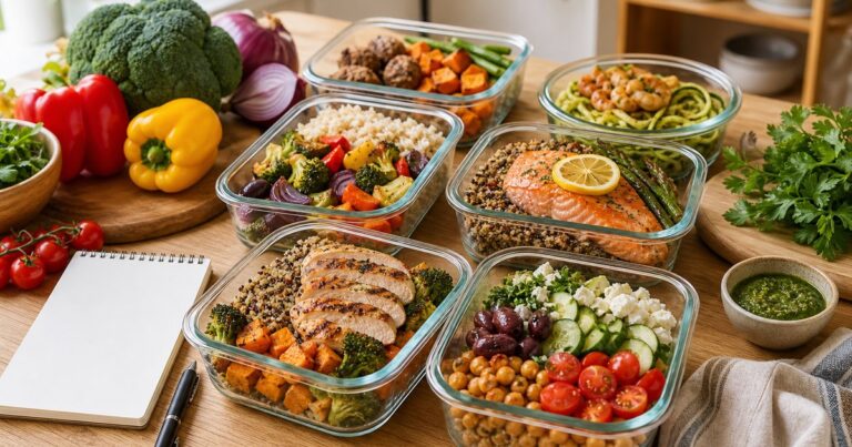 Boîtes de repas équilibrés préparés pour la semaine, légumes frais et carnet de menus