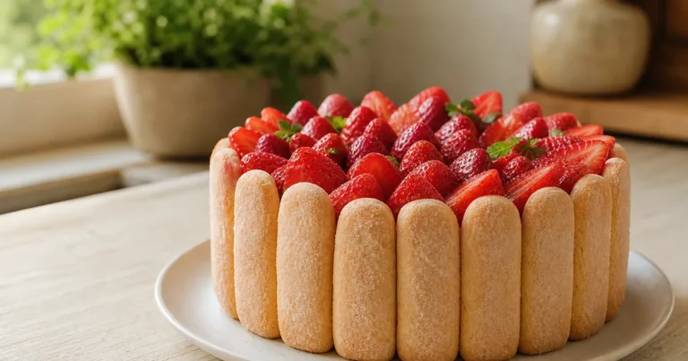 Charlotte aux Fraises maison, un dessert servi à table