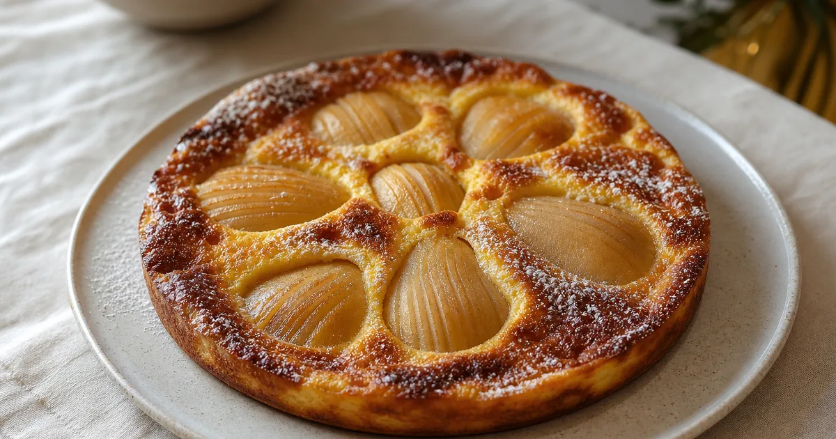 Recette de clafoutis d'automne aux poires 1 clafoutis d'automne aux poires maison, un dessert servi à table