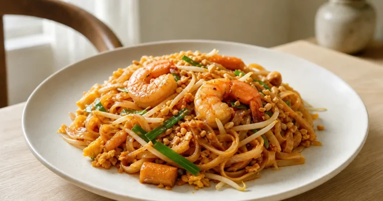 Pad Thaï et Délicieux maison, un plat principal servi à table