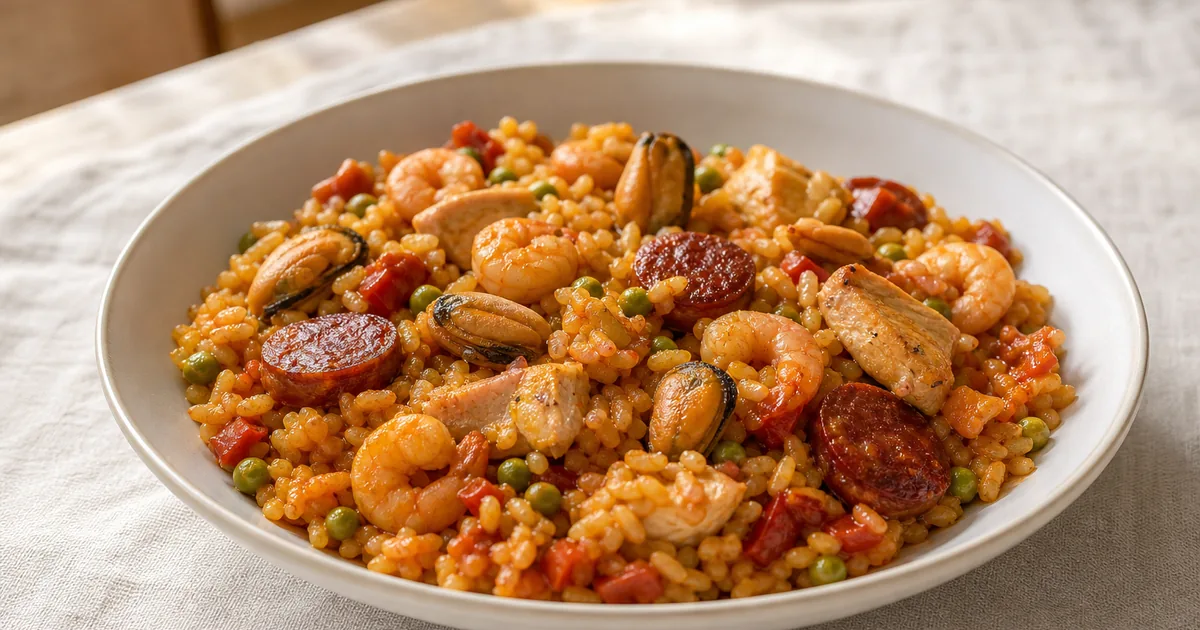 paella maison, un plat principal servi à table