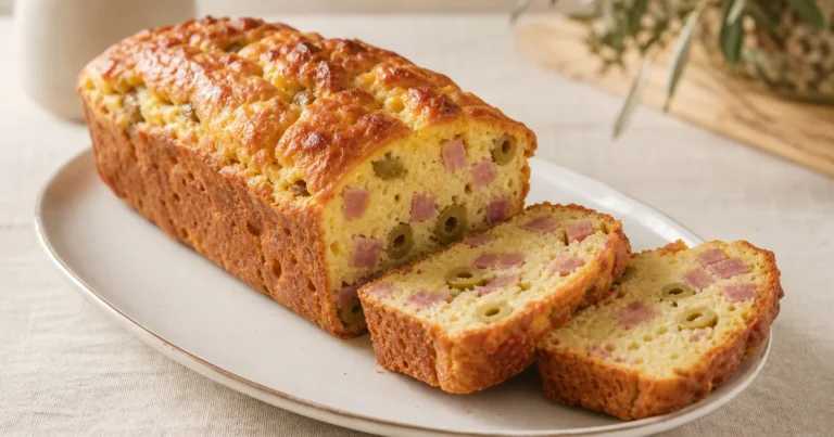 cake salé au jambon et aux olives maison, une entrée servie à table