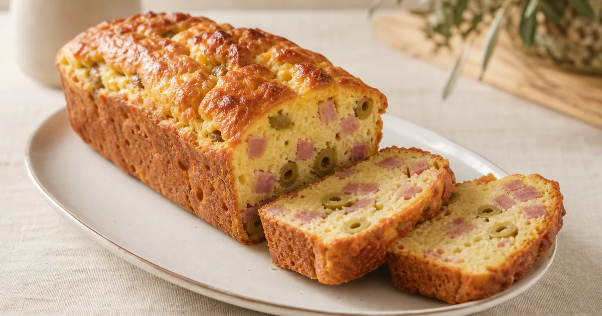 Recette facile de cake salé au jambon et aux olives 1 cake salé au jambon et aux olives maison, une entrée servie à table