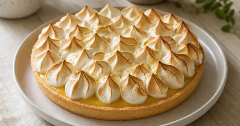 Tarte au Citron Meringuée Marmiton maison, un dessert servi à table