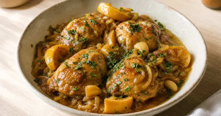 Tajine de poulet aux citrons confits et olives, un plat principal servi à table