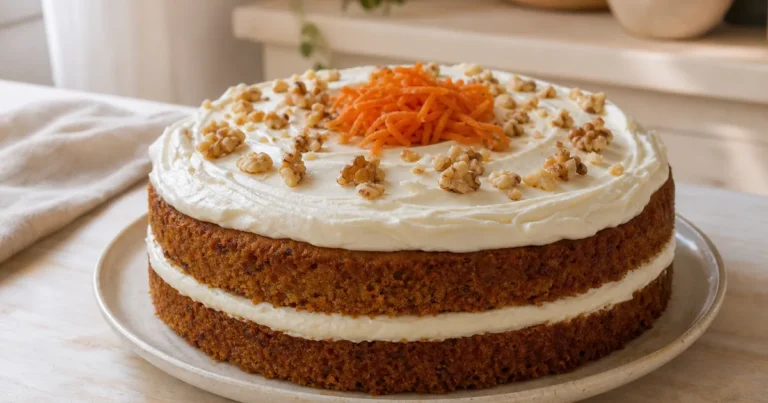 Véritable recette de carrot cake américain moelleux maison, un dessert servi à table