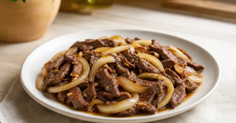 Bœuf Sauté aux Oignons maison, un plat principal servi à table