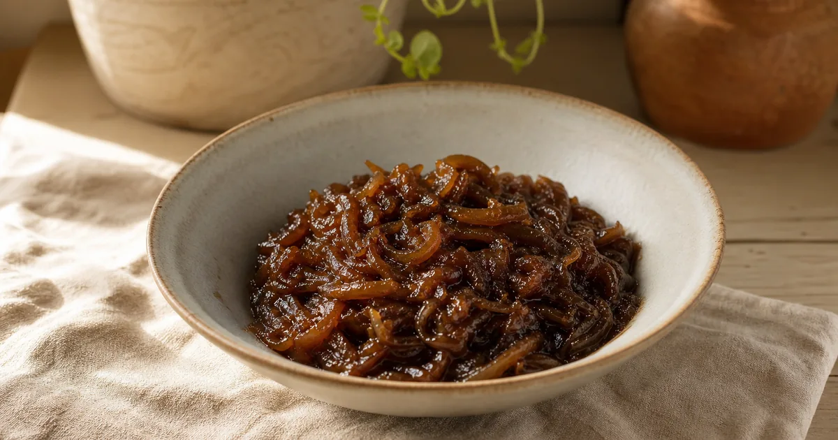 Confit d'oignons rapide : recette facile et délicieuse 1 Confit d'oignons maison, une entrée servie à table