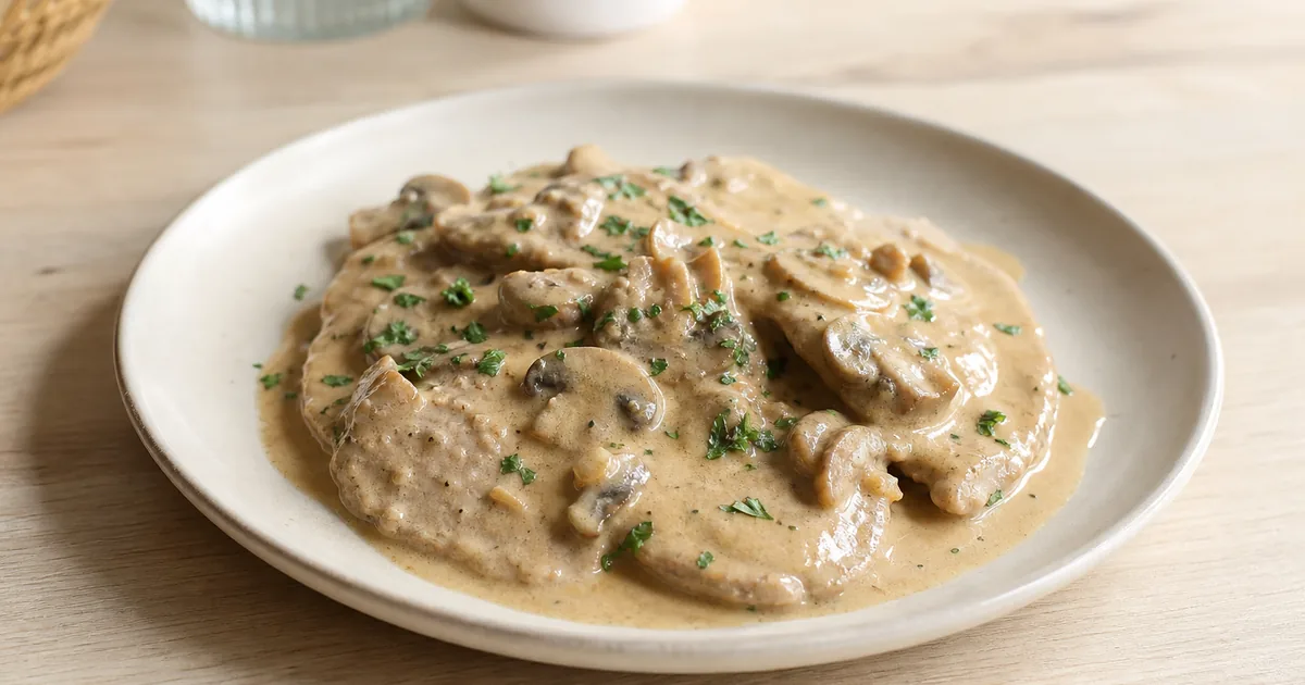 Escalopes de veau à la crème : recette savoureuse 1 Escalopes de veau à la crème maison, un plat principal servi à table