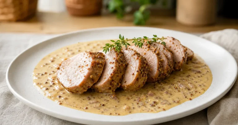 Filet mignon de porc rôti à la moutarde à l'ancienne maison, un plat principal servi à table
