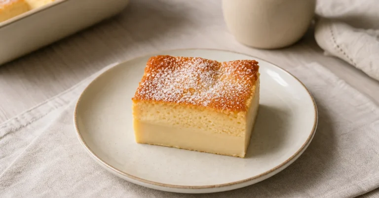 Gâteau magique à la vanille maison, un dessert servi à table