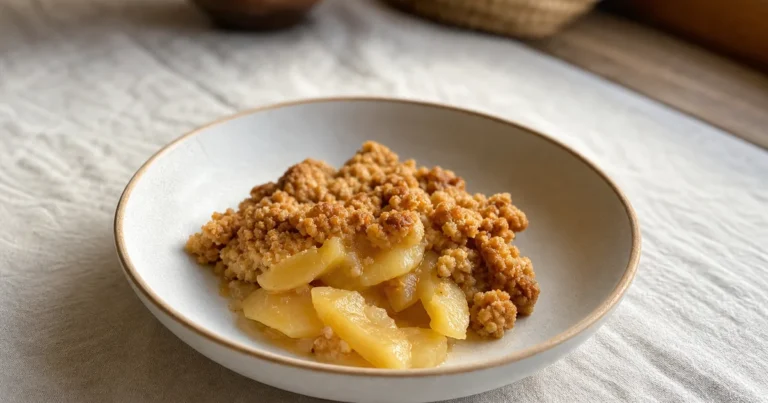 crumble aux pommes et maison, un dessert servi à table