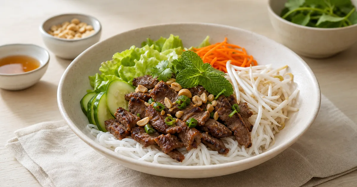 Recette de Bò Bún Vietnamien Authentique 1 Bò Bún Vietnamien maison, un plat principal servi à table