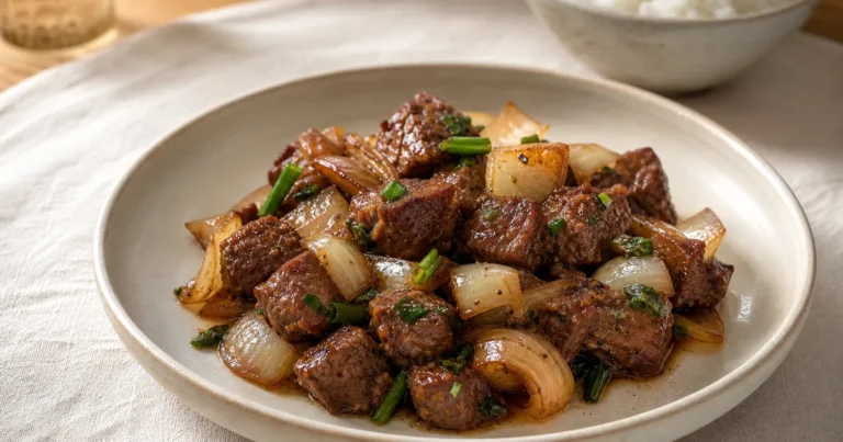 bò lúc lac vietnamien maison, un plat principal servi à table