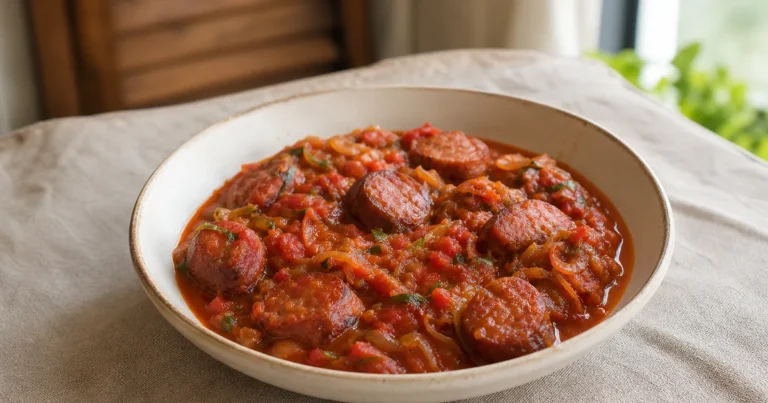 Rougail Saucisse maison, un plat principal servi à table