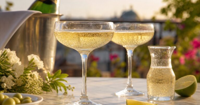 Soupe champenoise servie dans deux coupes de champagne avec citron vert, sur une terrasse ensoleillée