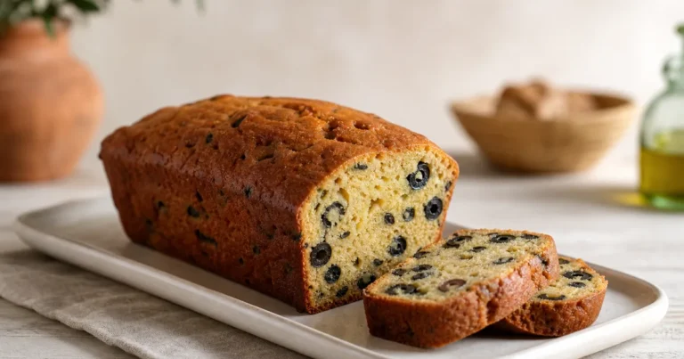 Cake aux olives maison, une entrée servie à table