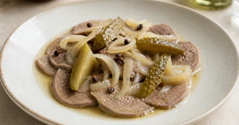 Langue de bœuf piquante aux cornichons maison, un plat principal servi à table