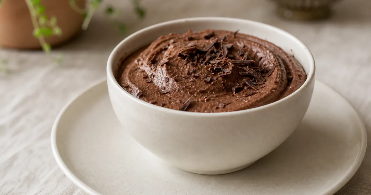 Mousse au chocolat vegan sans œufs : recette facile et délicieuse 1 Mousse au chocolat vegan sans œufs maison, un dessert servi à table