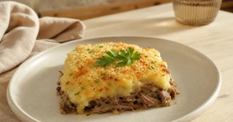 Parmentier de confit de canard maison, un plat principal servi à table