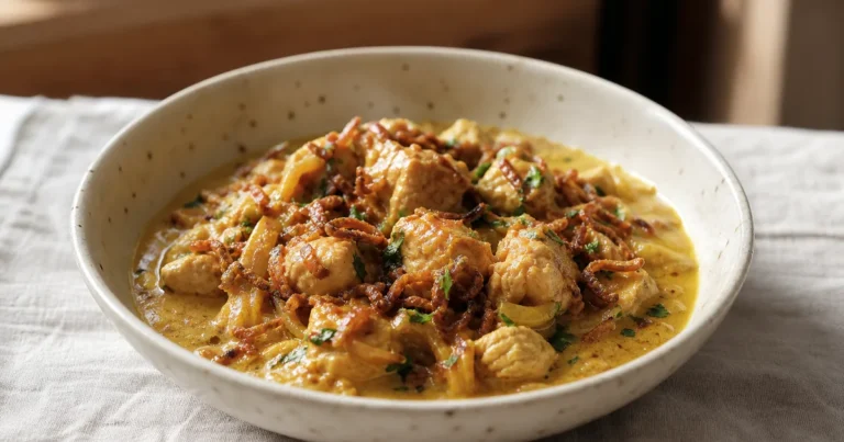 Poulet au curry et oignons maison, un plat principal servi à table