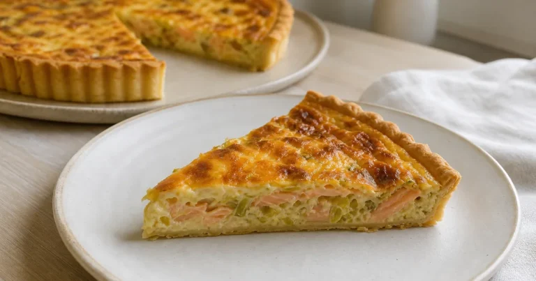 Quiche aux poireaux et saumon fumé maison, un plat principal servi à table