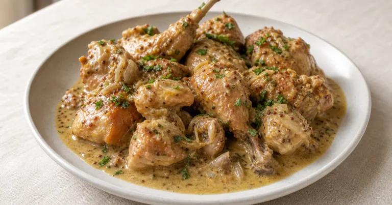 lapin à la moutarde maison, un plat principal servi à table