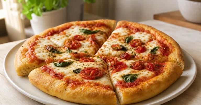pâte à pizza épaisse et moelleuse maison, un plat principal servi à table