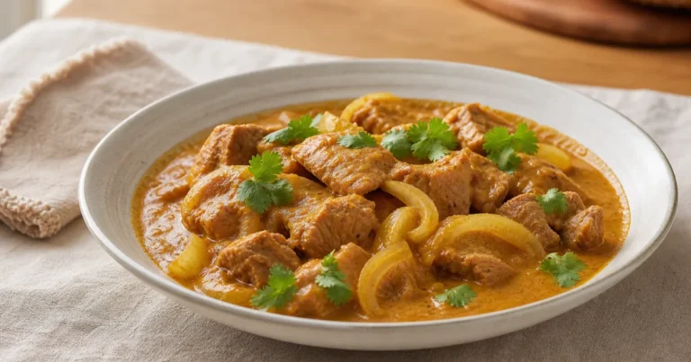Sauté de porc au curry et lait de coco maison, un plat principal servi à table