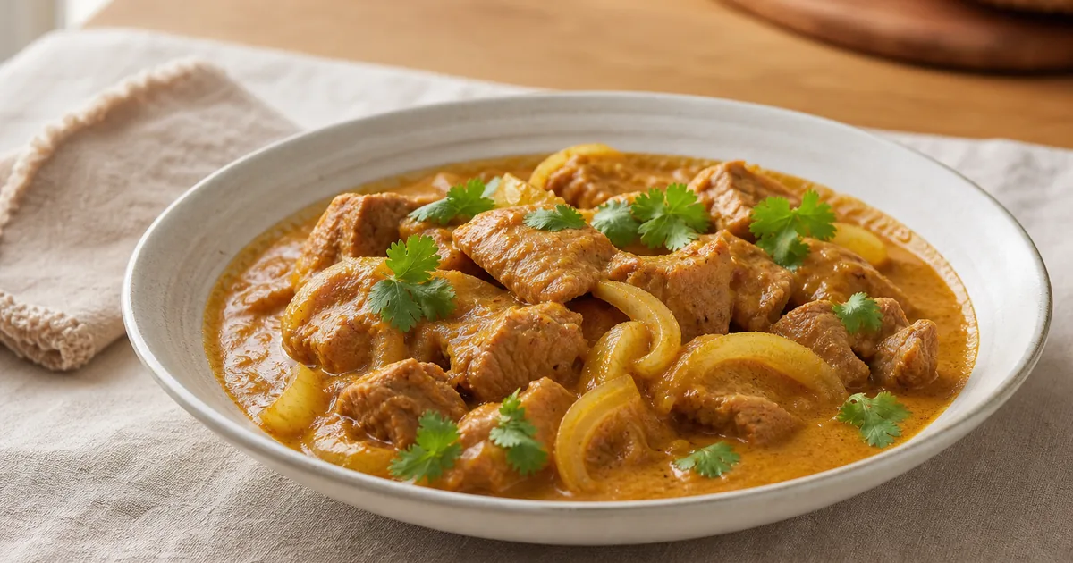 Sauté de porc au curry et lait de coco : recette facile 1 Sauté de porc au curry et lait de coco maison, un plat principal servi à table