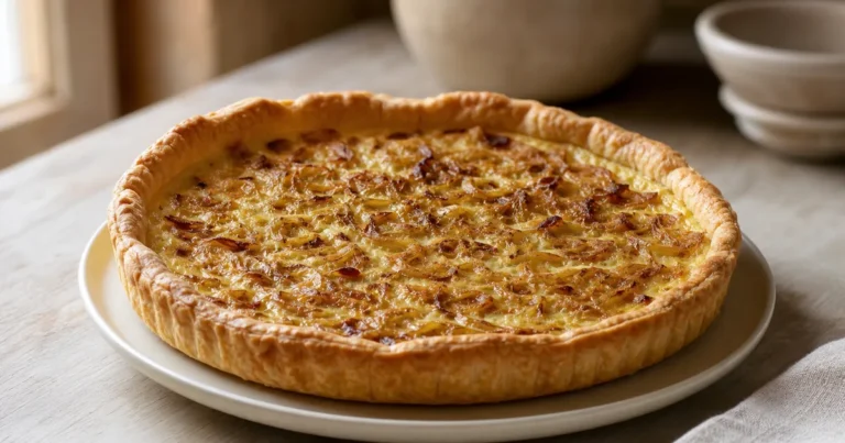 Tarte à l'oignon maison, une entrée servie à table
