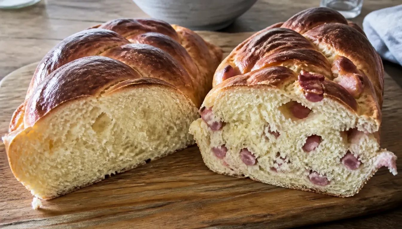 Brioche de tomme fraîche du Sancy tranchée, version sucrée et version salée aux lardons